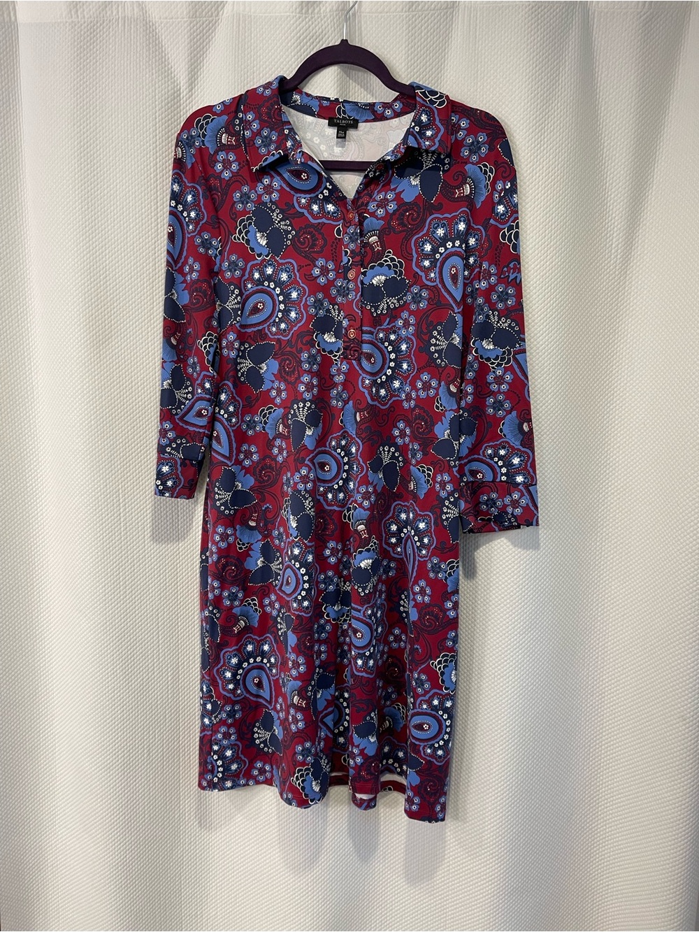 Talbots Patterned Button-Front Shirt Dress in Burgundy & Navy. Xl petite.